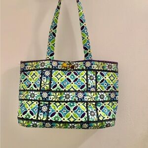 Vintage Vera Bradley Quilted Tote in Green and Blue Floral Mosaic
